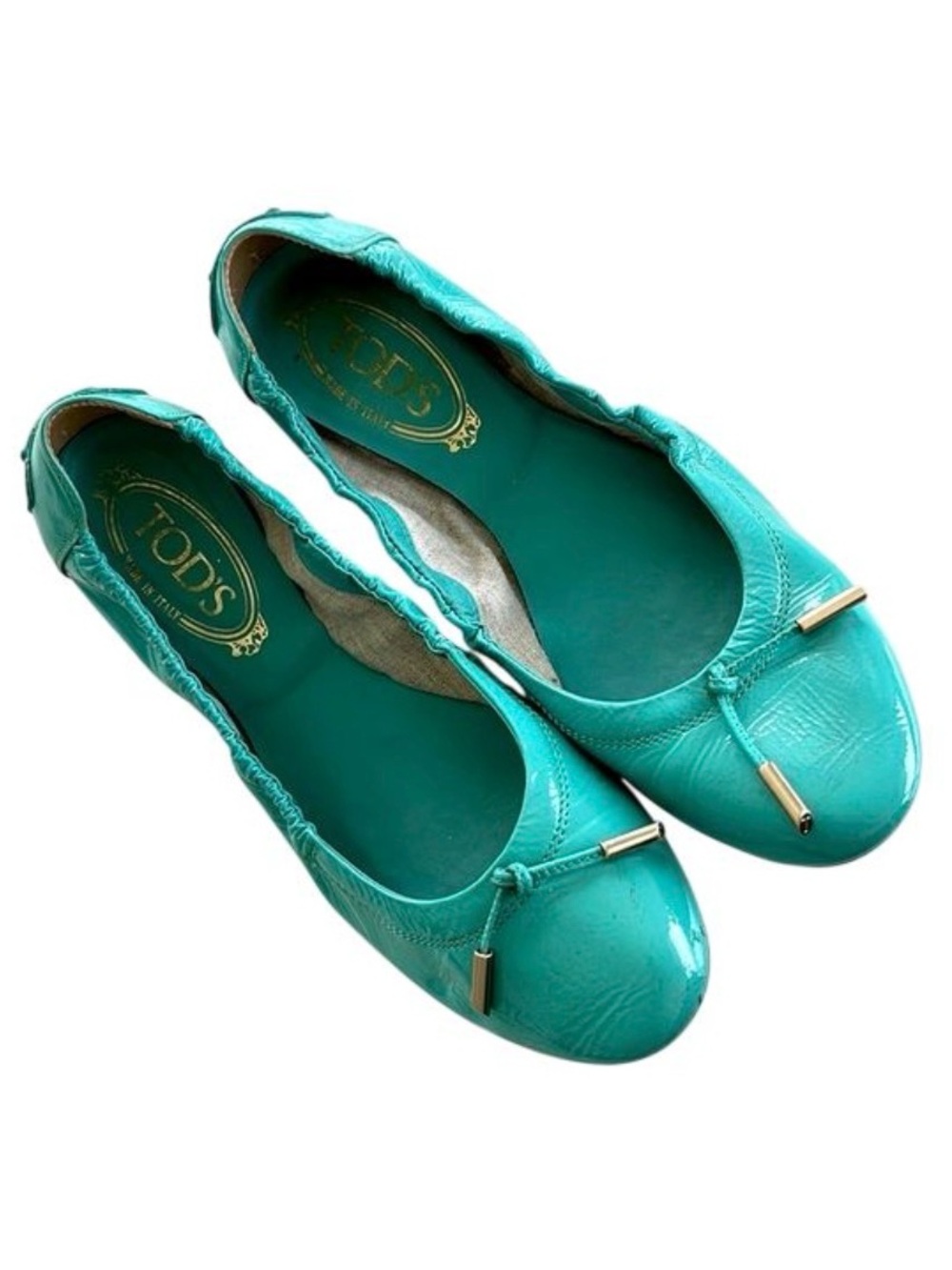 TOD’S Womens Aqua Gommino Driving Loafers Ballet Flats 39 Patent Turquoise Blue